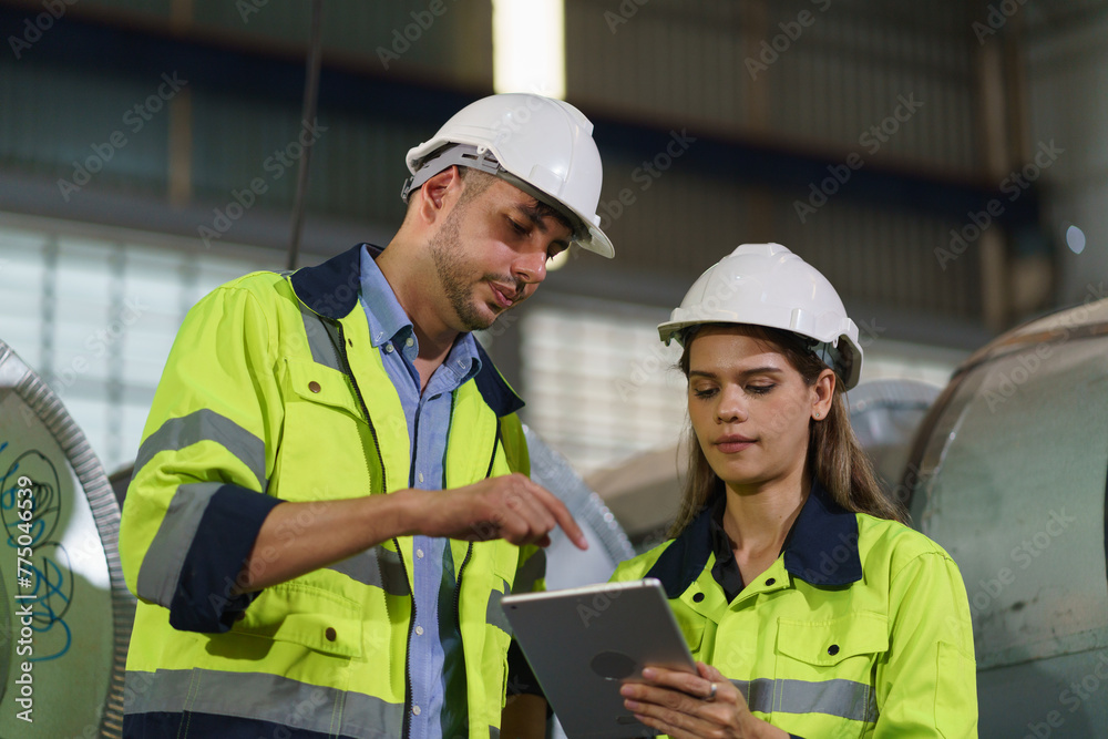 Two worker people wearing safety gear and holding a tablet to check product quality. Two worker people wearing safety gear and holding a tablet to check product quality.