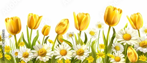 Yellow tulips and daisies. Modern background of fresh spring flowers #775046535