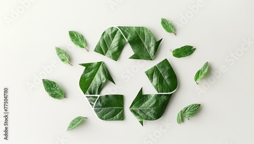 Green recycling symbol made out of leaves and elements of nature on white background. Banner with copy space. Concept of ecological waste management and recycling.