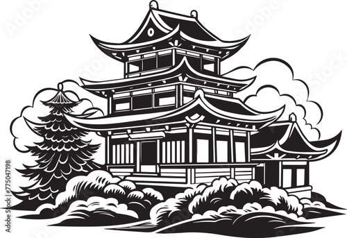 Japanese architecture. Hand drawn vector illustration 