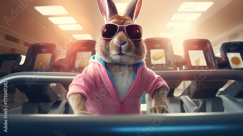 Trendy Easter Bunny Wearing Sunglasses Exercising on Treadmill in Fitness Center photo