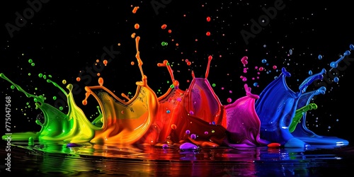 A splash of rainbow-colored liquid on a black background