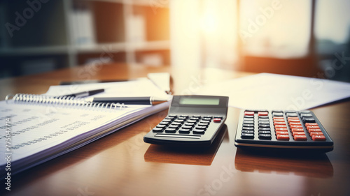 loan mortgage concept. A close-up shot of a calculator and a pen on a stack of financial documents, illuminated by warm sunlight on an office desk.