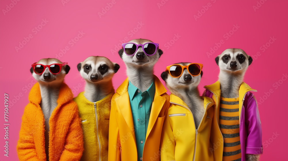 Stylish Meerkat Group in Bright Outfits Isolated on Solid Background - Perfect for Advertisements and Birthday Party Invitations