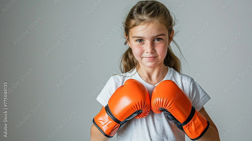 Cute 12years girl is wearing orange boxing gloves and posing,smile,happy,white T-shirts,black shorts,on white background Cute 12years girl is wearing orange boxing gloves and posing,smile,happy,white T-shirts,black shorts,on white background