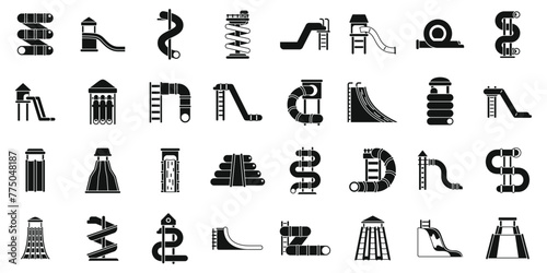 Aquapark slide icons set simple vector. Water fun. Recreation summer park