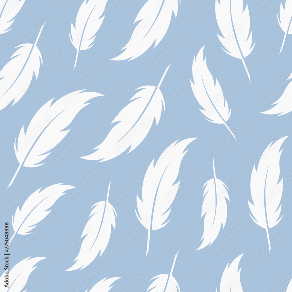 Feathers vector seamless pattern. White quills flying on blue background. Feathers vector seamless pattern. White quills flying on blue background.
