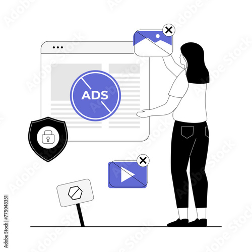Ad blocking concept. No advertising, anti spam protection, without ads concept. Website Adblock software, skip button. Vector illustration with line people for web design.