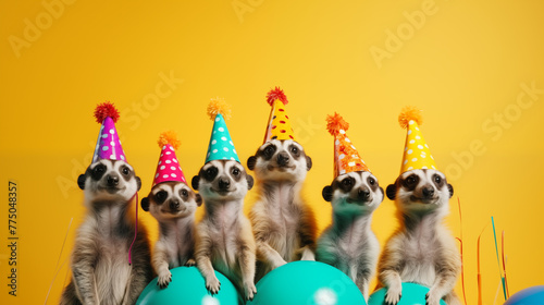 Chic Meerkat Ensemble in Vibrant Outfits on Solid Backdrop - Ideal for Party Invites and Advertisement Space