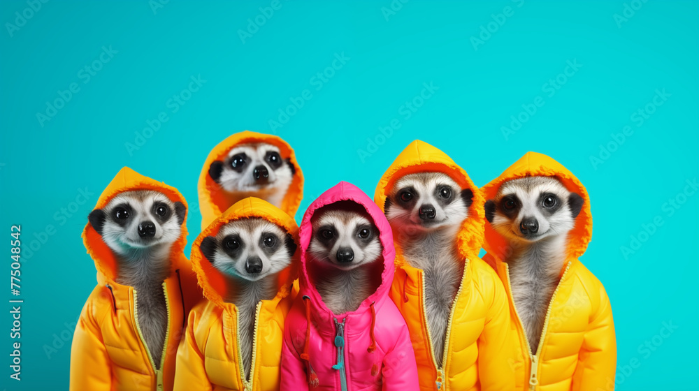 Fototapeta premium Stylish Meerkat Group in Bright Outfits Isolated on Solid Background - Perfect for Advertisements and Birthday Party Invitations