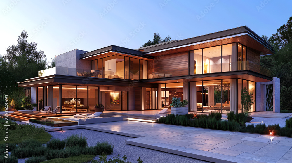 Large modern 3D rendering contemporary house in early evening