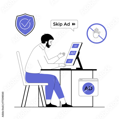 Ad blocking. Anti spam protection. Website Adblock protection software, security application. Pop up ad blocker. Vector illustration with line people for web design.