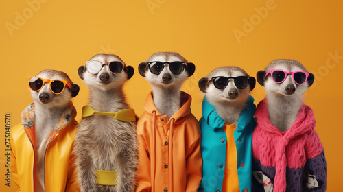 Stylish Meerkat Group in Bright Outfits Isolated on Solid Background - Perfect for Advertisements and Birthday Party Invitations © hamad