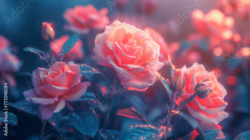 Beautiful pink roses in colorful polygonal style. Low poly natural background.