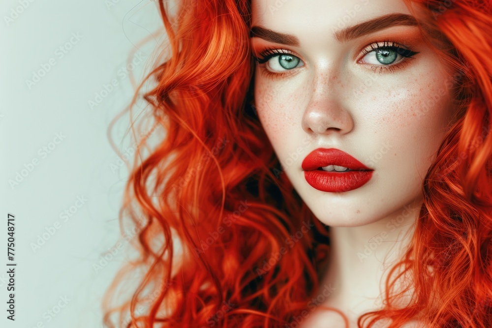 Fototapeta premium Fashion portrait of woman with long curly red hair.