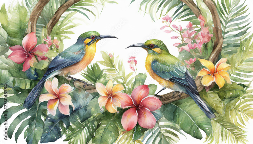 Watercolor painting of tropical leaves and flowers, beautiful birds. Summer season. Botanical art