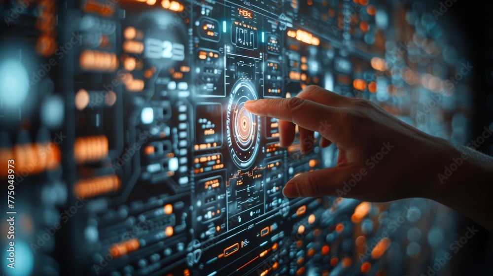 Mechanical hand interacting with a holographic interface, precisely pressing an index finger on a glowing HUD button, set in a high-tech environment Mechanical hand interacting with a holographic interface, precisely pressing an index finger on a glowing HUD button, set in a high-tech environment