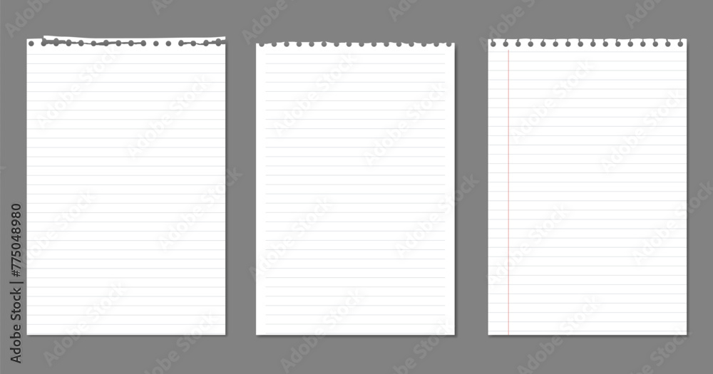 Set of torn, lined notebook paper with soft shadow are on dark grey background for text.