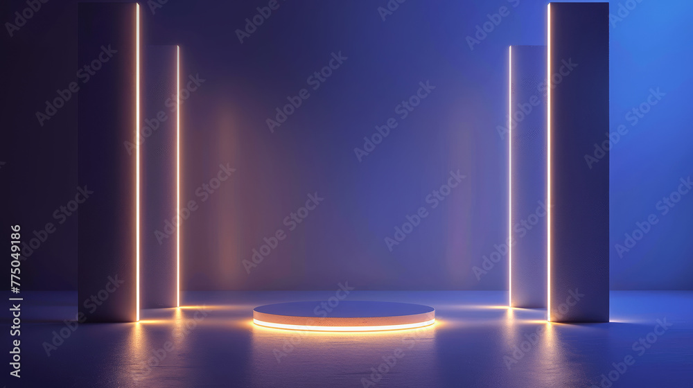 Two glowing light panels on both sides, empty 3d rendering podium for product presentation in Abstract Background with copy space