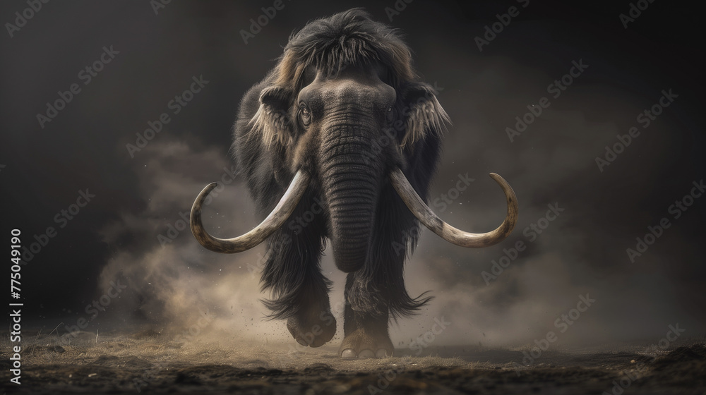 Obraz premium Striking image of a lifelike mammoth approaching amidst a dusty haze