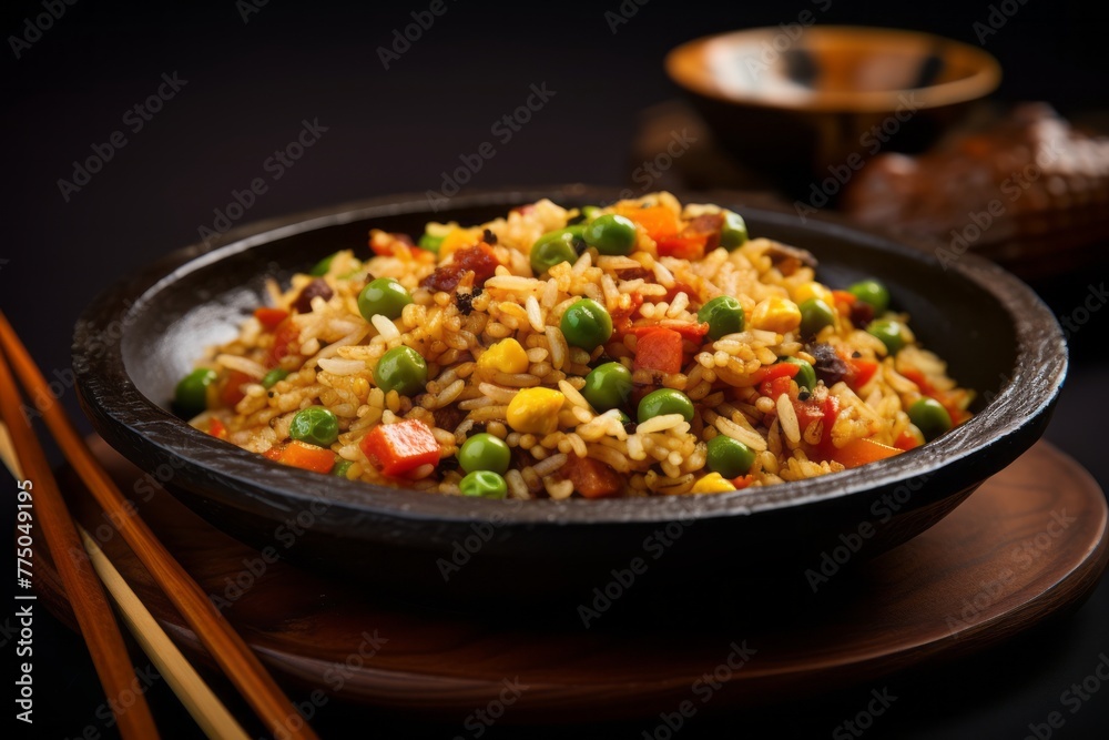 Delicious fried rice on a slate plate against a woolen fabric background