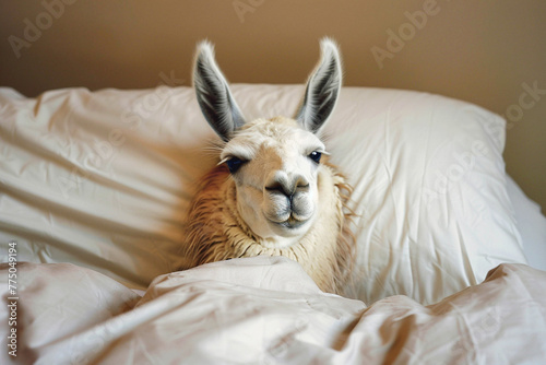 Photo of a tired lama with a funny expression on her face, as if she had just woken up after a long sleep photo