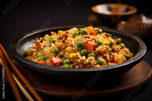 Delicious fried rice on a slate plate against a woolen fabric background