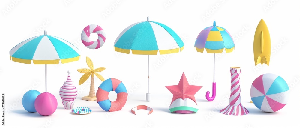 Summer holiday clip art set, 3d render of a decorative paper craft, beach umbrella, hat, and ball, isolated on white