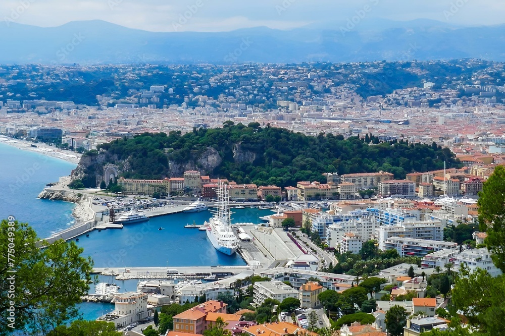 View of Split harbor, sea, and mountains from hilltop: The Port of Nice and Castle Hill, France