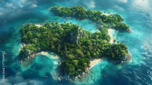 An aerial view of a lush tropical island surrounded by coral reefs