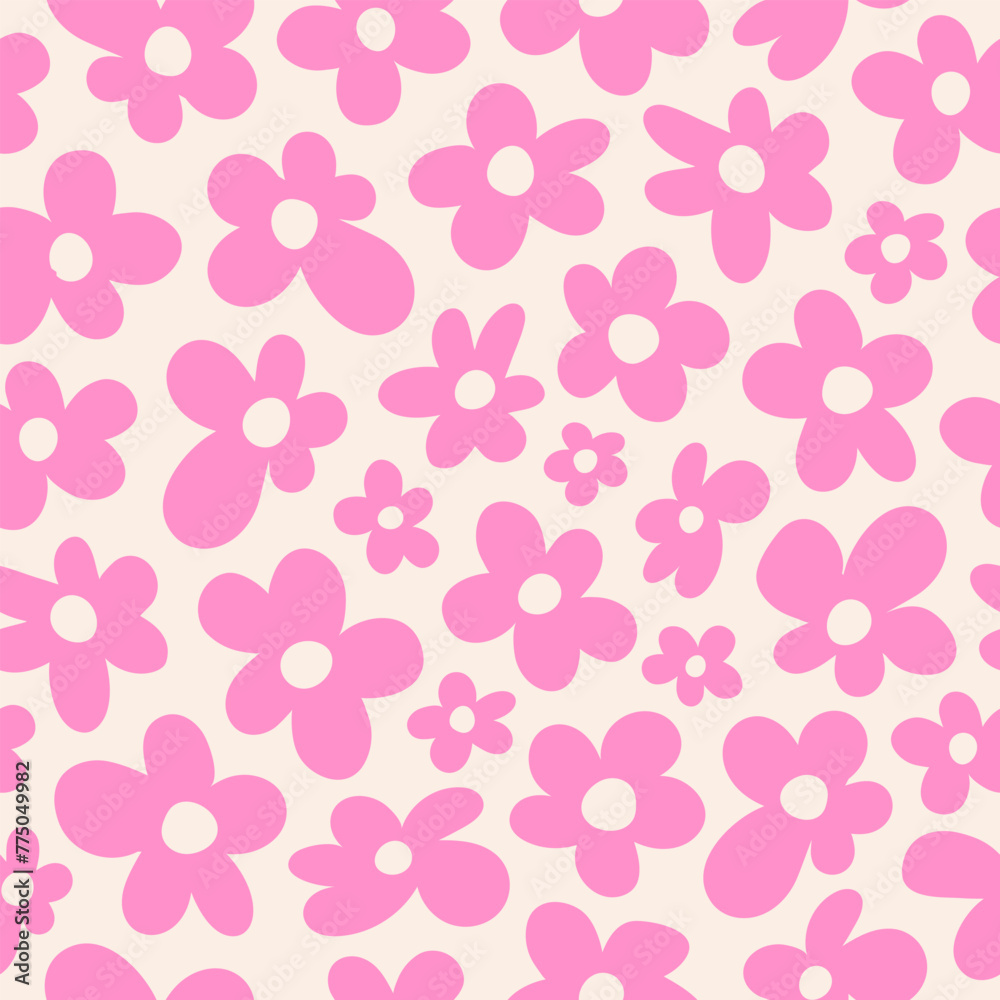 Seamless pattern with pink groovy daisy flowers on a beige background. Vector illustration	