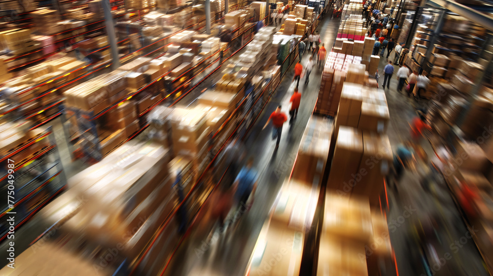 Warehouse workers in a large warehouse. Intentional motion blur