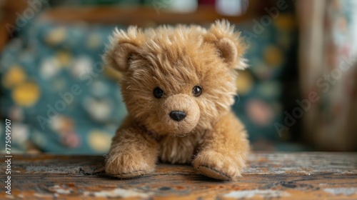Cute child felt bear made of felt sitting on a felt table.  © supachai