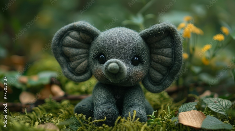 Cute child felt elephant made of felt on a living nature -