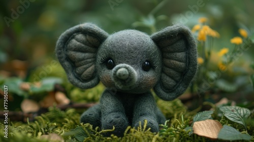 Cute child felt elephant made of felt on a living nature -