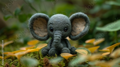 Cute child felt elephant made of felt on a living nature 