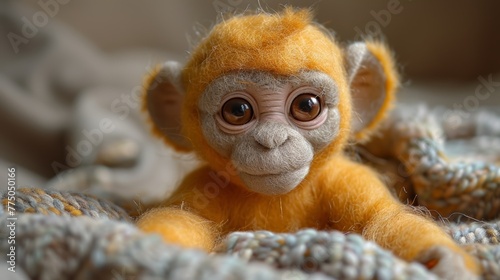 Cute child felt monkey made of felt on a natural bed 