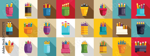 Pencil stand icons set flat vector. School art holder. Creative work cup