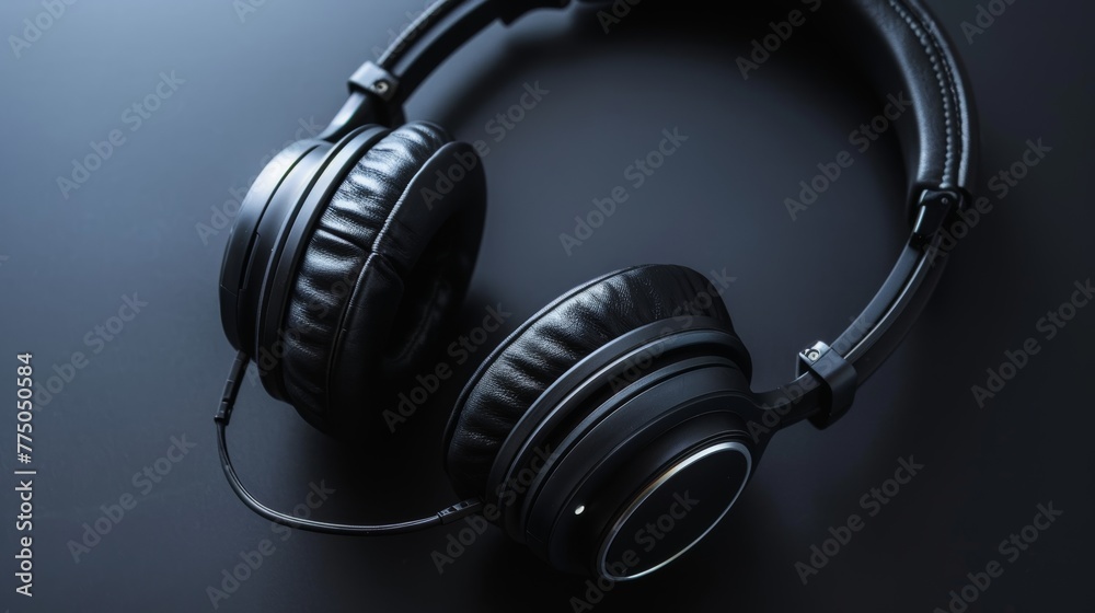 Stylish black over-ear headphones with a sleek design, resting on a reflective dark surface Stylish black over-ear headphones with a sleek design, resting on a reflective dark surface