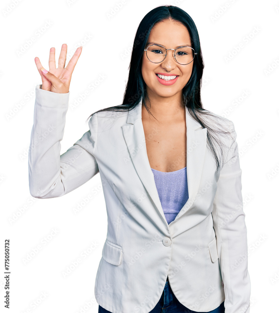Beautiful hispanic woman with nose piercing wearing business jacket and glasses showing and pointing up with fingers number four while smiling confident and happy. Beautiful hispanic woman with nose piercing wearing business jacket and glasses showing and pointing up with fingers number four while smiling confident and happy.