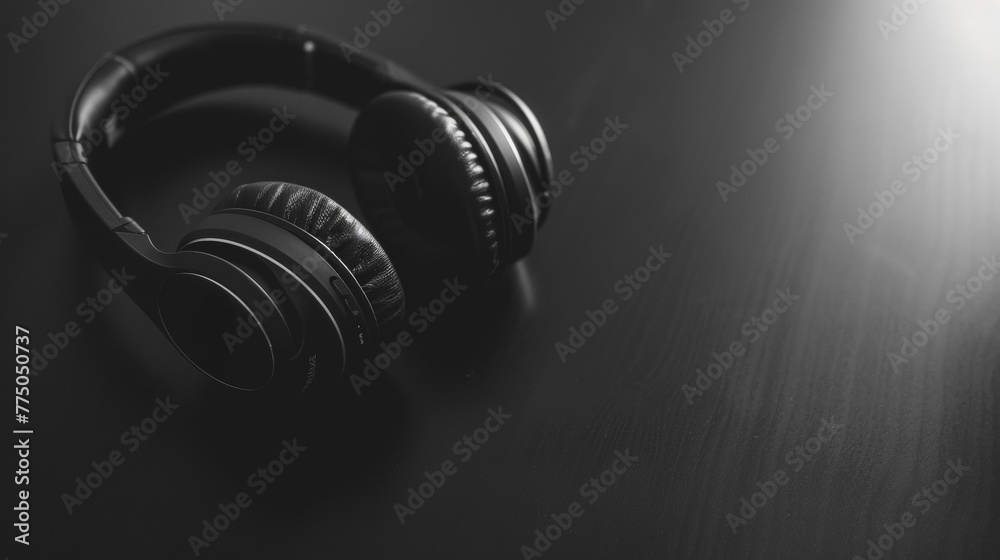 Stylish black over-ear headphones captured in a high-contrast, monochromatic setting Stylish black over-ear headphones captured in a high-contrast, monochromatic setting