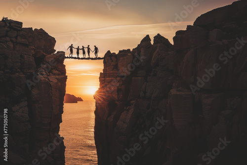 Silhouette adventure travelers group help crossing danger bridge in sea cliffs, overcome fear vertigo teamwork