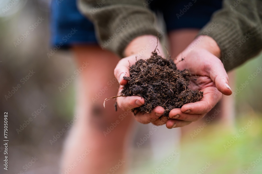 farmer collecting soil samples in a test tube in a field. Agronomist checking soil carbon and plant health on a farm farmer collecting soil samples in a test tube in a field. Agronomist checking soil carbon and plant health on a farm