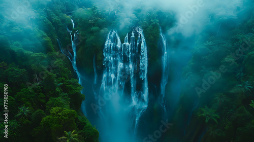 An aerial view of a majestic waterfall cascading down a lush tropical ravine photo