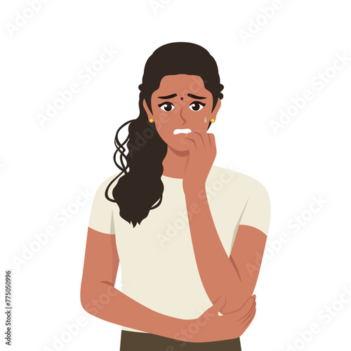 Young anxious worried woman girl teenager character looking stressed and nervous with hands on mouth. Flat Vector Illustration isolated on White Background