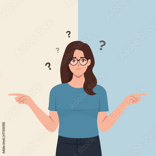 Beautiful confused doubtful woman standing and choosing between two colors or ways pointing in two sides. Flat Vector Illustration isolated on White Background