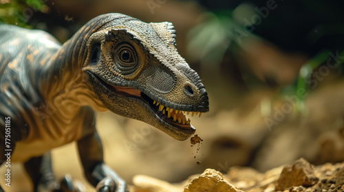 Close-up of a detailed small dinosaur figurine eating in a lifelike habitat
