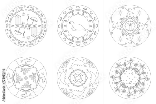 Mandalas. Sea Theme. Coloring pages. Vector illustration. Set No. 2.