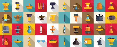Hookah accessories icons set flat vector. Smoke flame shop. Tobacco lifestyle