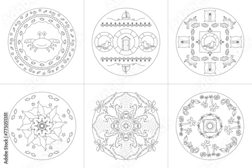 Mandalas. Sea Theme. Coloring pages. Vector illustration. Set No. 4. 